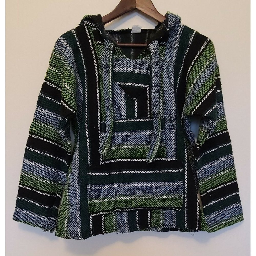 Mexican Southwest Baja Chunky Poncho Hoodie Hippie Festival Drug Rug Size Small